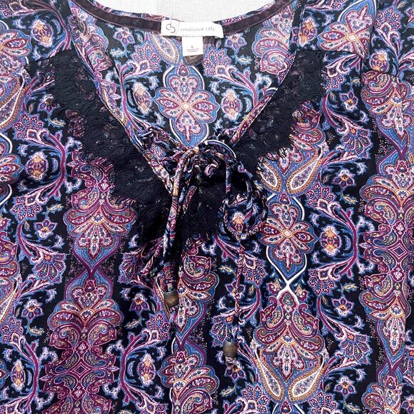 Dressbarn | Paisley Peasant Top With Lace Trim | Large - Picture 4 of 9